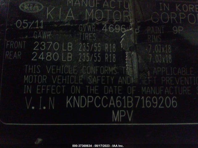 2011 KIA SPORTAGE SX VIN: KNDPCCA61B7169206