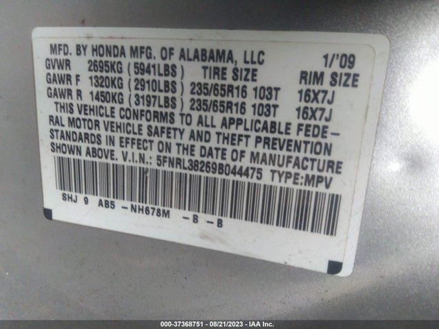 2009 HONDA ODYSSEY 5FNRL38269B044475 Photo 8