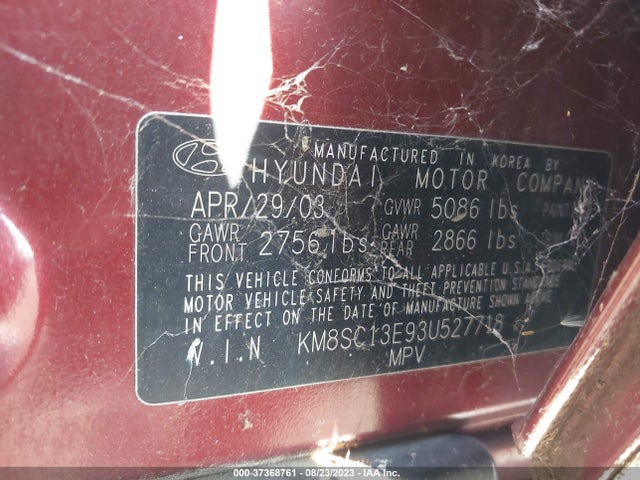 2003 HYUNDAI SANTA FE GLS/LX VIN: KM8SC13E93U527718