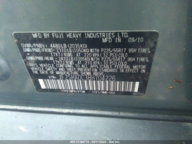 2011 SUBARU FORESTER 2.5X PREMIUM VIN: JF2SHADC3BH704226