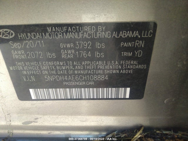 2012 HYUNDAI ELANTRA GLS VIN: 5NPDH4AE6CH108884