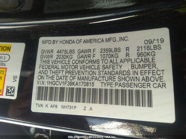 2019 HONDA ACCORD SEDAN SPORT 1.5T VIN: 1HGCV1F39KA170815