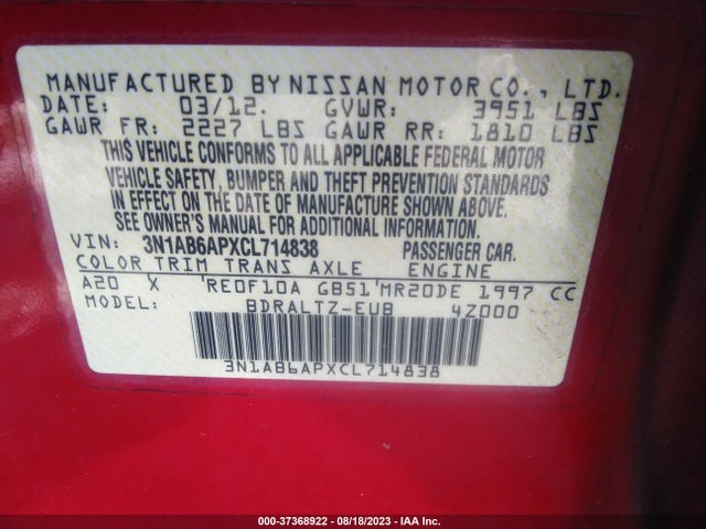 2012 NISSAN SENTRA 2.0 SR VIN: 3N1AB6APXCL714838