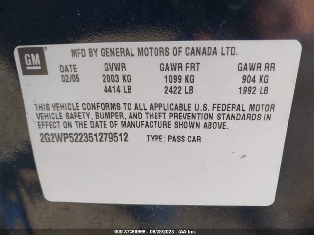 2005 PONTIAC GRAND PRIX VIN: 2G2WP522351279512