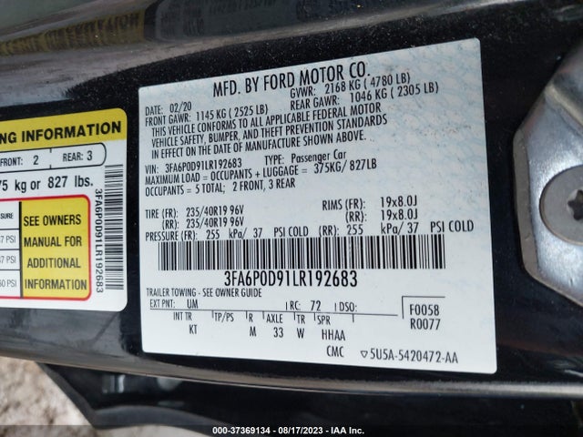 2020 FORD FUSION TITANIUM VIN: 3FA6P0D91LR192683