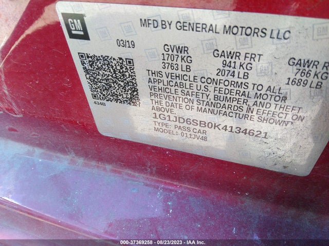 Chevrolet Sonic Lt Auto 2019 1G1JD6SB0K4134621 Image 9