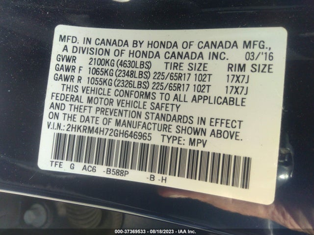 Honda Cr-v Ex-l 2016 2HKRM4H72GH646965 Image 9