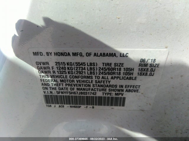 Honda Pilot Ex-l 2018 5FNYF5H67JB031742 Image 9