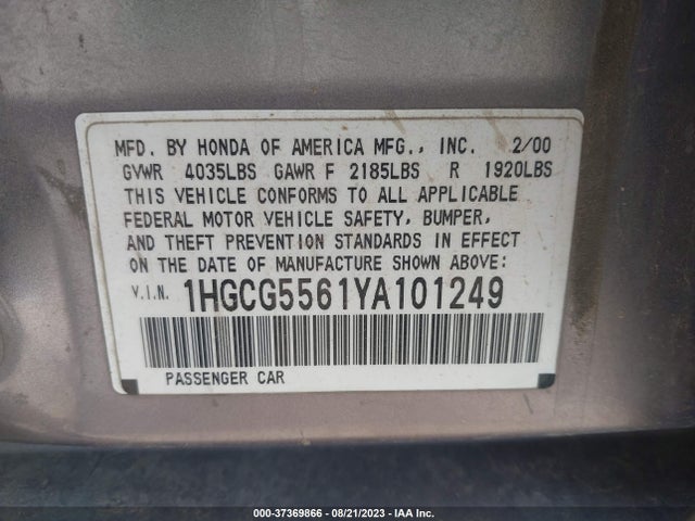 2000 HONDA ACCORD SDN EX W/LEATHER VIN: 1HGCG5561YA101249