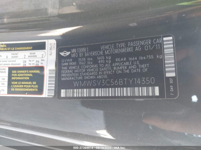 2011 MINI COOPER HARDTOP S VIN: WMWSV3C56BTY14350