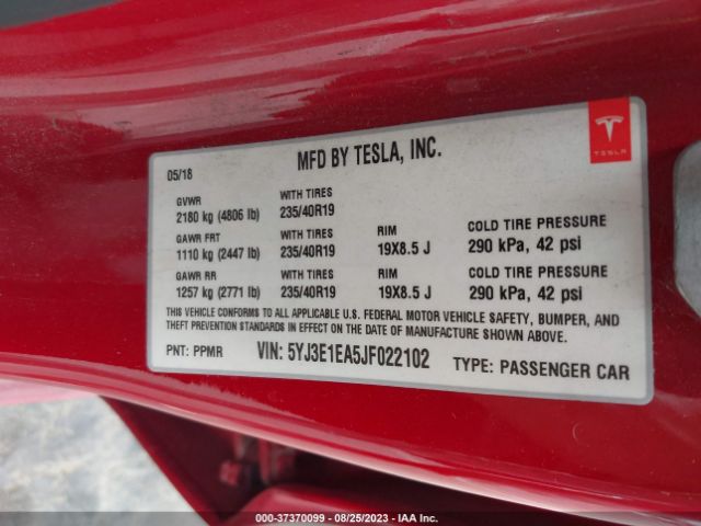 5YJ3E1EA5JF022102 Tesla Model 3 Range Battery