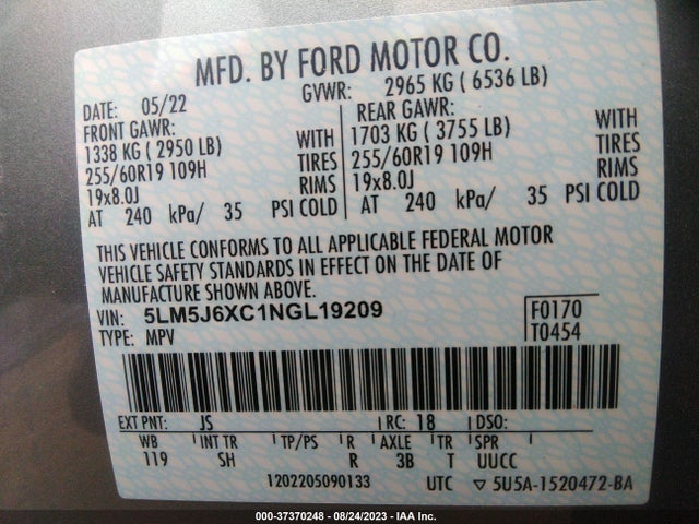 Lincoln Aviator Standard 2022 5LM5J6XC1NGL19209 Image 9