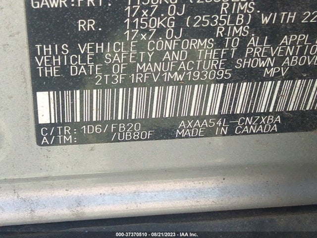 2021 TOYOTA RAV4 LE VIN: 2T3F1RFV1MW193095