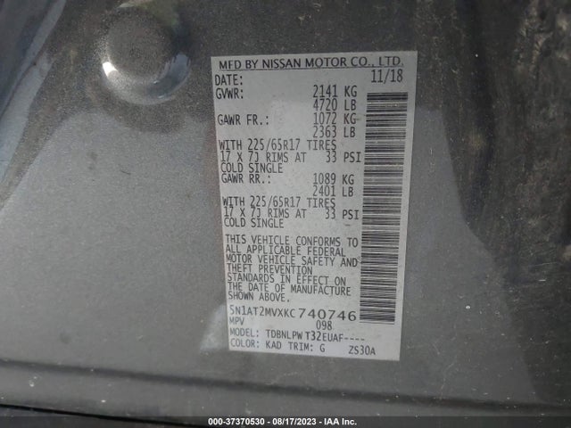 37370530 :رقم المزاد ، 5N1AT2MVXKC740746 vin ، 2019 Nissan Rogue S مزاد بيع