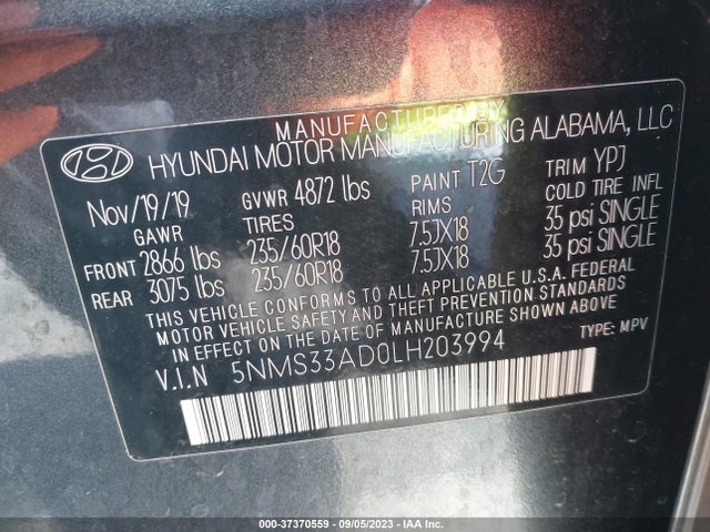 2020 HYUNDAI SANTA FE SEL VIN: 5NMS33AD0LH203994