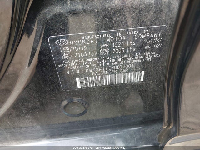 2019 HYUNDAI ELANTRA VALUE EDITION VIN: KMHD84LF0KU877001