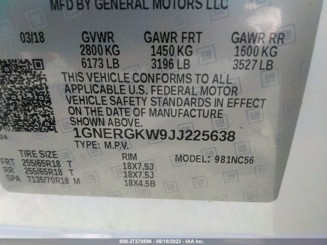 Chevrolet Traverse Lt Cloth 2018 1GNERGKW9JJ225638 Image 9