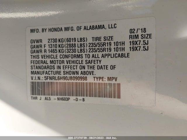 Honda Odyssey Elite 2018 5FNRL6H90JB090998 Image 9