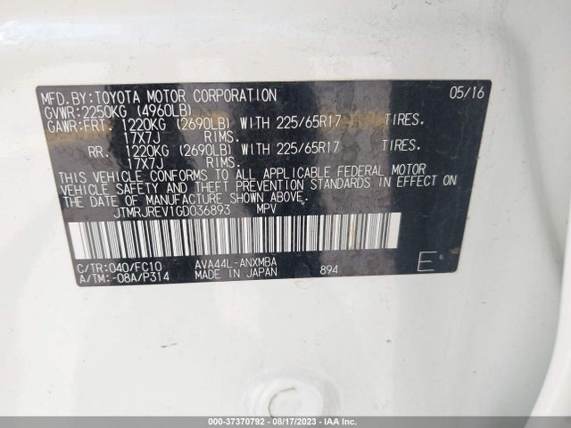 2016 TOYOTA RAV4 HYBRID XLE VIN: JTMRJREV1GD036893
