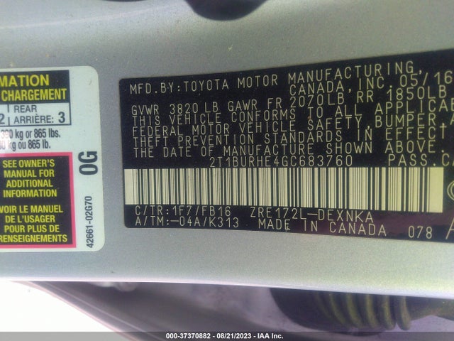 2016 TOYOTA COROLLA L/LE/S/S PLUS/LE PLUS VIN: 2T1BURHE4GC683760