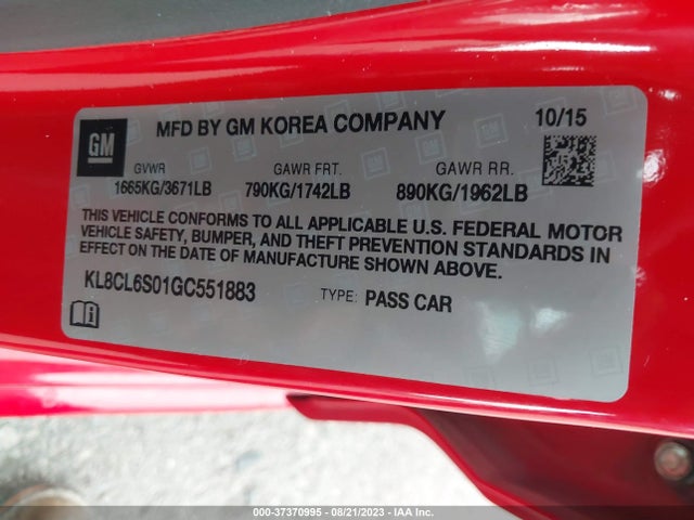 2016 Chevrolet Spark, VIN: KL8CL6S01GC551883