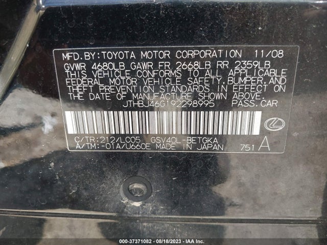 2009 LEXUS ES 350 VIN: JTHBJ46G192298995