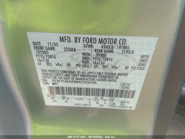 2006 FORD ESCAPE XLT VIN: 1FMYU03Z86KC03339