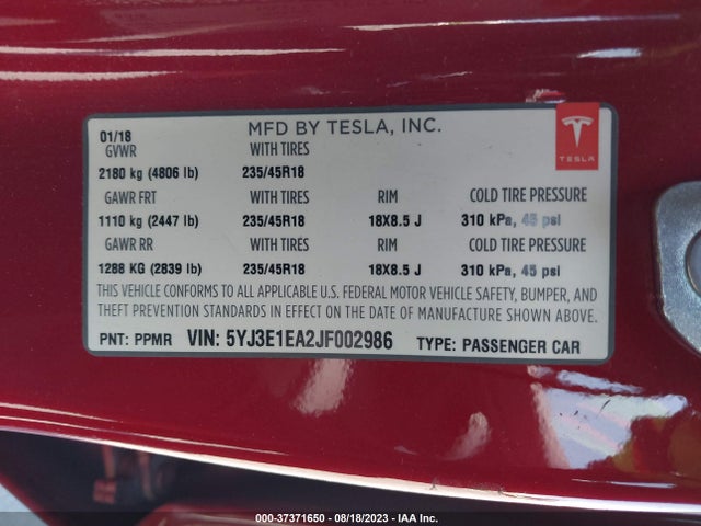 Tesla Model 3 Range Battery 2018 5YJ3E1EA2JF002986 Image 16