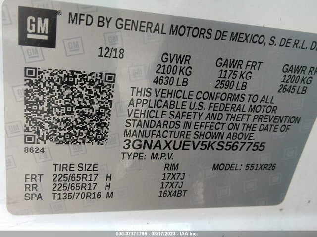 Chevrolet EQUINOX LT 2019 3GNAXUEV5KS567755 Image 9