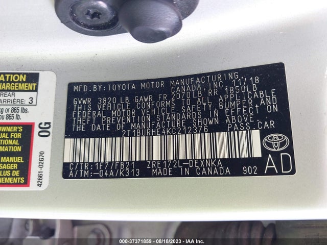 2019 TOYOTA COROLLA L/LE/SE/XLE/XSE VIN: 2T1BURHE4KC212376