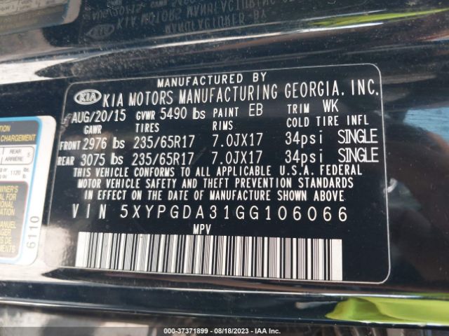 5XYPGDA31GG106066 KIA SORENTO LX