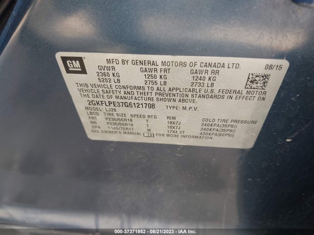 2016 GMC TERRAIN SLT VIN: 2GKFLPE37G6121708