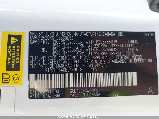 2T2ZK1BA6EC149048 Lexus RX 350