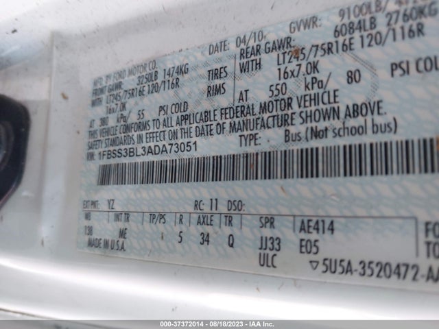 2010 FORD ECONOLINE WAGON XL/XLT VIN: 1FBSS3BL3ADA73051