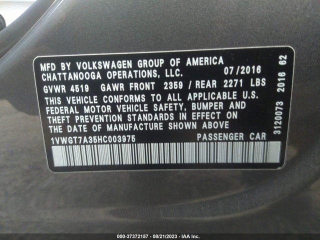 1VWGT7A35HC003975 Volkswagen Passat 1.8t Se W/technology