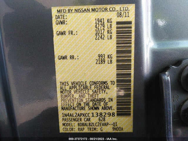 2012 NISSAN ALTIMA 2.5 S VIN: 1N4AL2APXCC138298