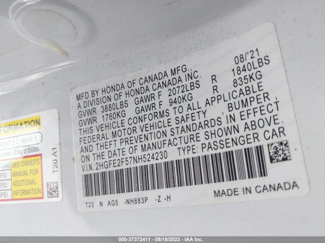 2022 HONDA CIVIC SPORT VIN: 2HGFE2F57NH524230