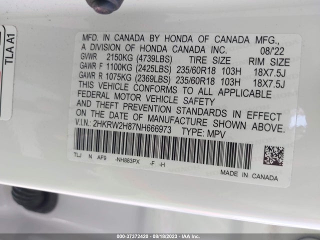 Honda Cr-v Ex-l 2022 2HKRW2H87NH666973 Image 9