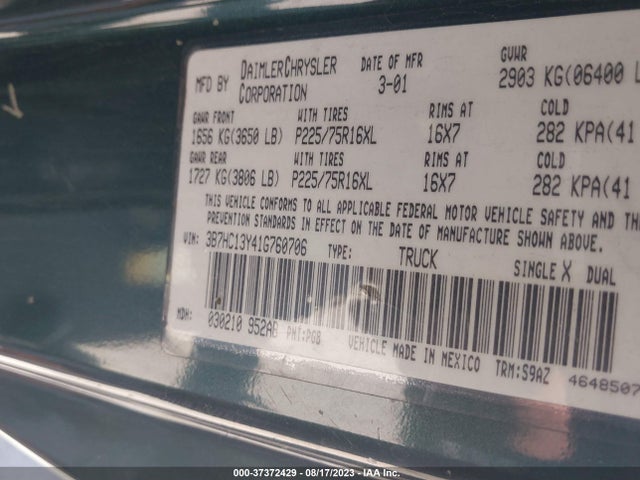 2001 DODGE RAM 1500 VIN: 3B7HC13Y41G760706