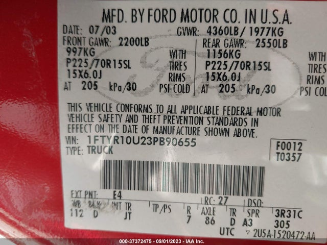 2003 FORD RANGER XL/XLT/EDGE VIN: 1FTYR10U23PB90655