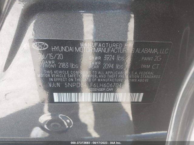 2020 HYUNDAI ELANTRA SEL VIN: 5NPD84LF6LH606704