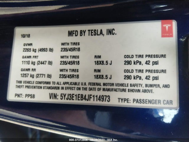 Tesla Model 3 Long Range 2018 5YJ3E1EB4JF114973 Image 9