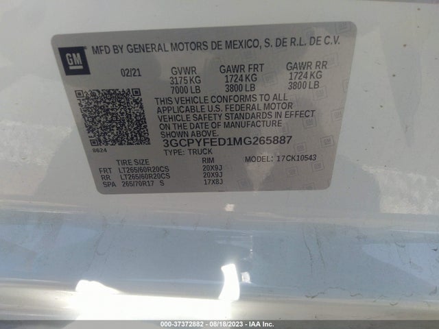 2021 CHEVROLET SILVERADO 1500 LT TRAIL BOSS VIN: 3GCPYFED1MG265887
