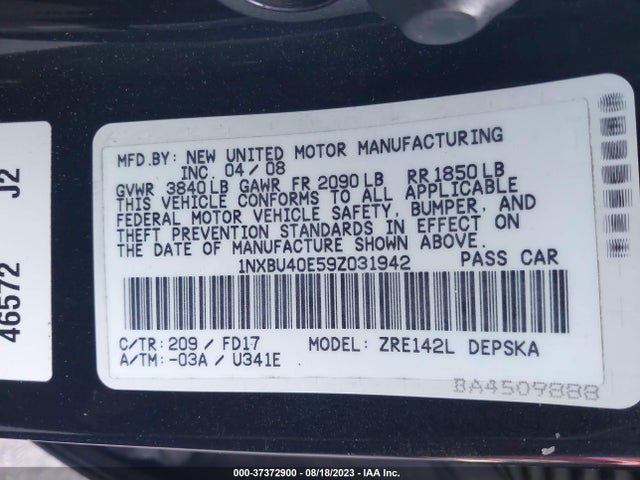 2009 TOYOTA COROLLA VIN: 1NXBU40E59Z031942