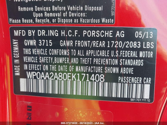 2014 PORSCHE CAYMAN WP0AA2A80EK171408 Photo 8