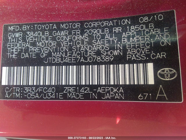 2010 TOYOTA COROLLA VIN: JTDBU4EE7AJ078389