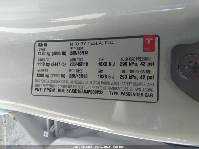 5YJ3E1EA8JF009232 Tesla Model 3 Range Battery