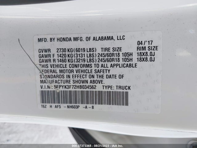 Honda Ridgeline Rtl-e 2017 5FPYK3F72HB034562 Image 9