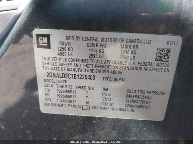 2011 CHEVROLET EQUINOX LT W/1LT VIN: 2GNALDEC7B1220403