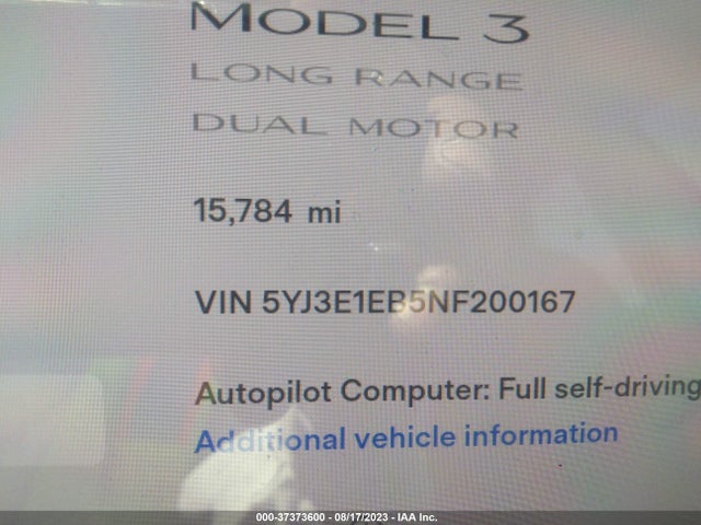 5YJ3E1EB5NF200167 Tesla Model 3 Long Range